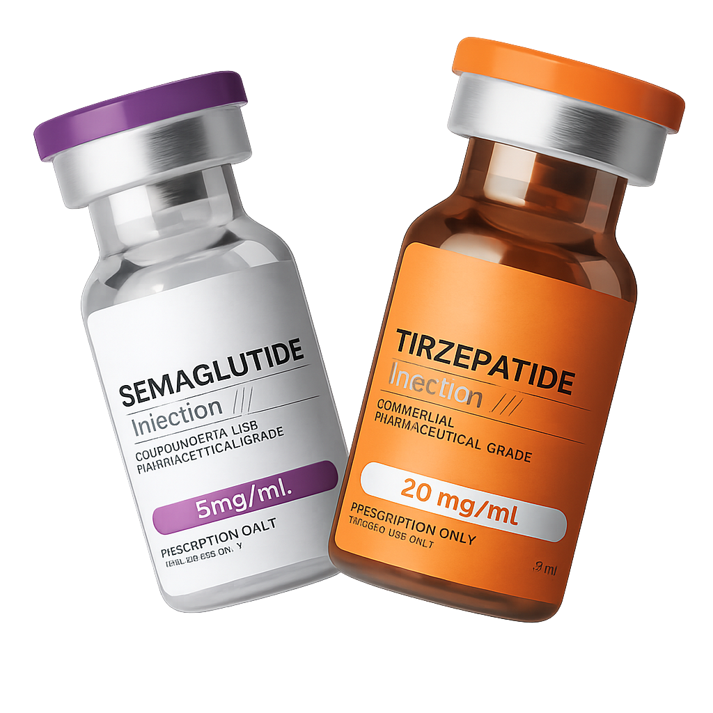 Two pharmaceutical injection vials on a white background: a clear vial with a purple cap and label reading Semaglutide 5mg/mL, and an amber-brown vial with an orange cap and label reading Tirzepatide 20 mg/mL.