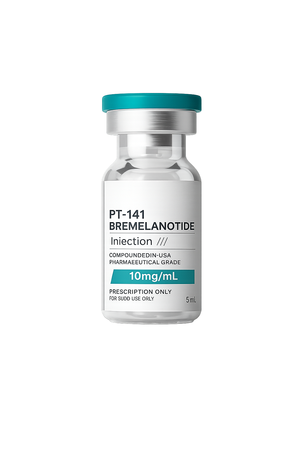 A 5 mL vial of Bremelanotide PT-141, compounded pharmaceutical grade, featuring a white label with black text and a teal cap, shown on a plain white background.
