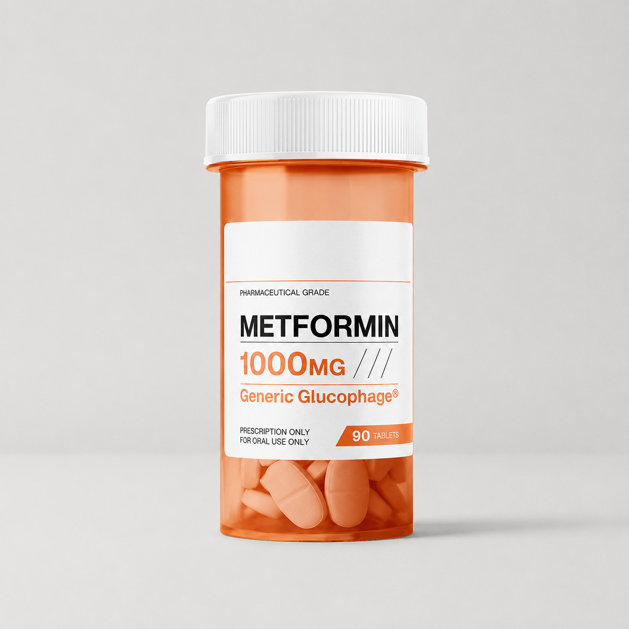 An orange prescription bottle labeled "Metformin, Brand Name: Healthon" with large white tablets inside, set against a plain light gray background.