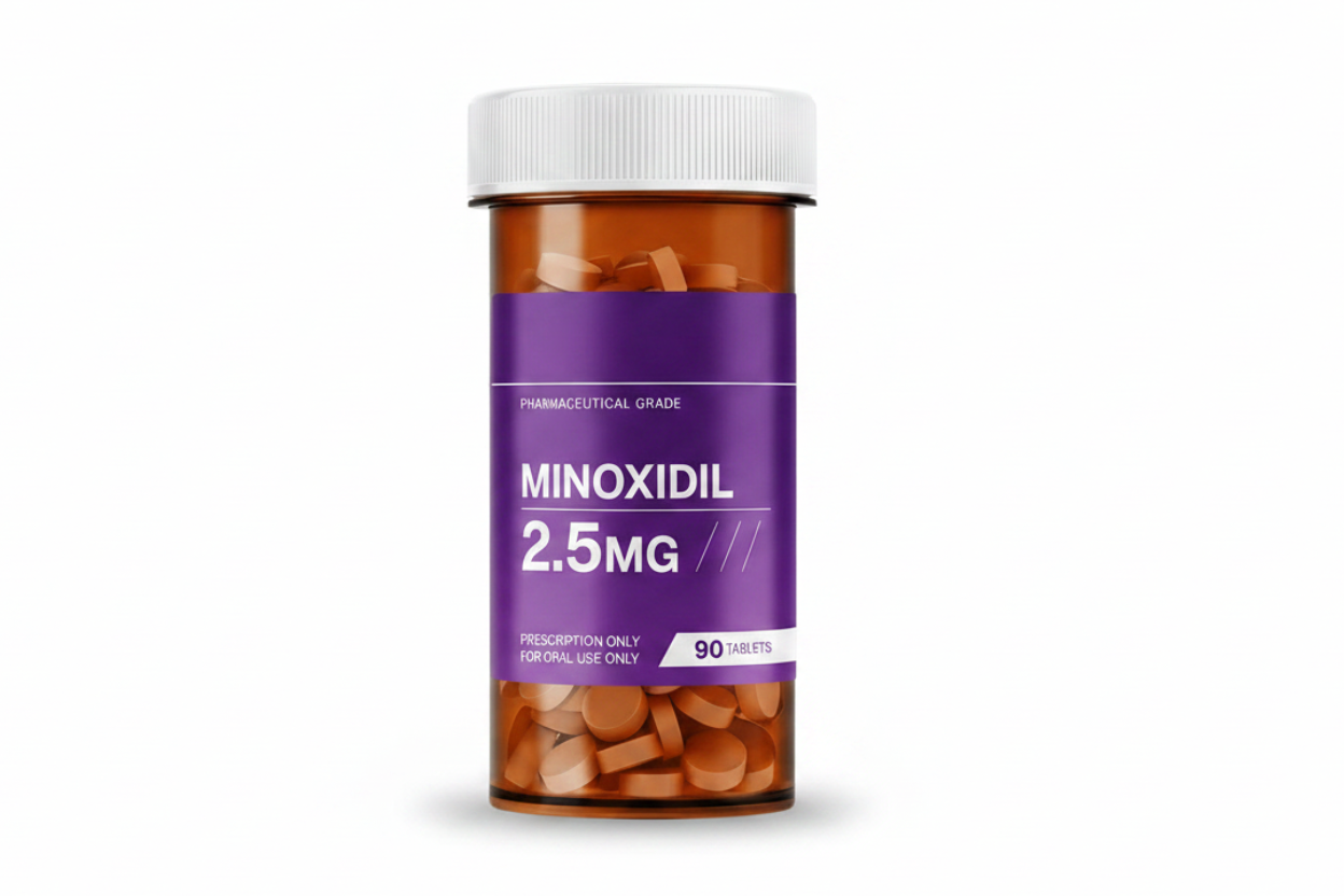 A brown pill bottle with a white cap labeled Healthon Minoxidil 2.5mg, 90 tablets sits on a purple background. The label indicates pharmaceutical grade and prescription only for oral use, emphasizing that these Minoxidil oral tablets by Healthon are an effective hair regrowth solution for treating hair loss.